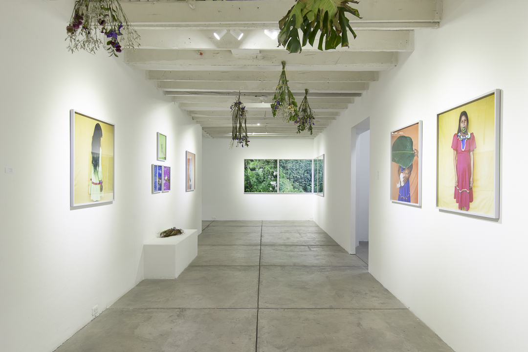 Vista de la exposición de Karen Paulina Biswell con la fotografía de retrato de las mujeres embera y la fotografía de paisaje, en una sala con paredes blancas