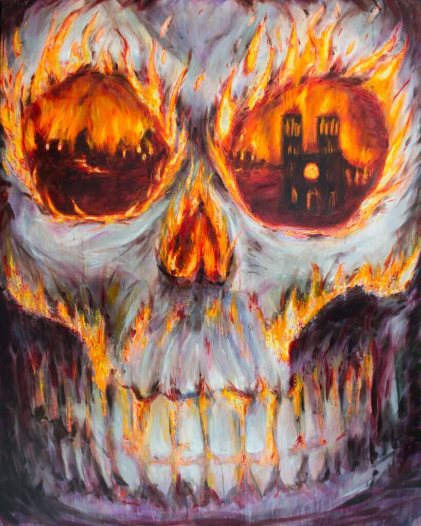 Nika Fontaine at wildpalms. Skull in Fire. Baroque painting. NFT skull and fire. Digital art. 