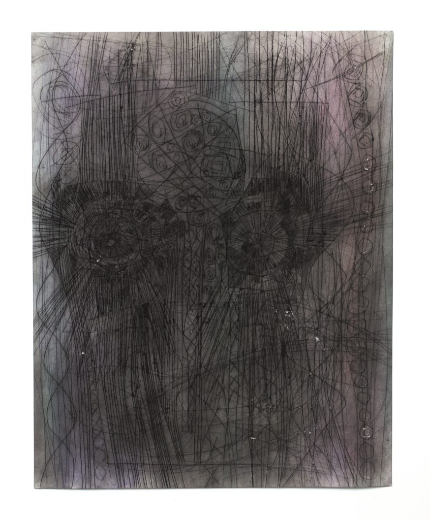 Lauriston Avery. Astral Head 166 2018. Charcoal and powdered Pigment on etched paper.