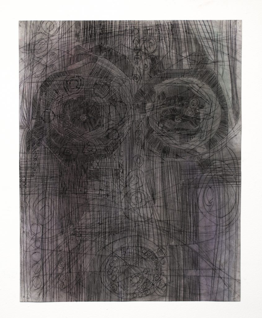 Lauriston Avery Astral Head 163. 2018. Charcoal and powdered pigment on etched paper.
