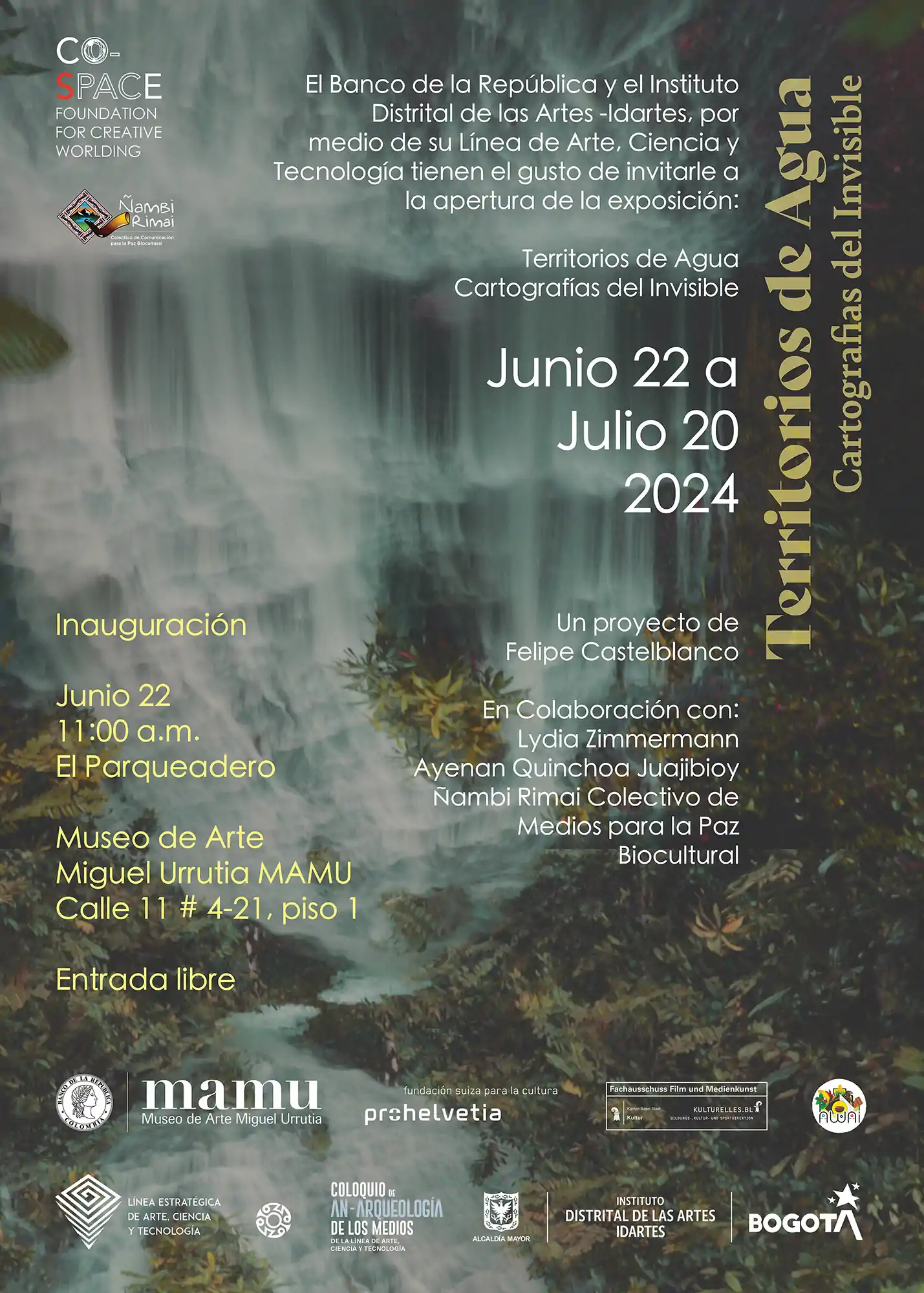 Exhibition Territorios de Agua with Felipe Castelblanco in institutional Museum. Art and ecologies, with waterfall