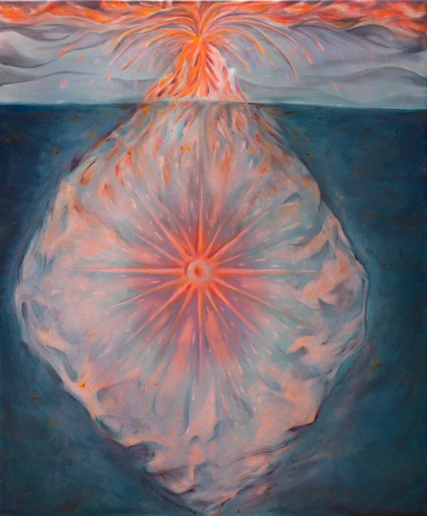 Nika Fontaine Volcano Painting of the serie Dissolution. Transversal cut of a volcano, with lava and mystical symbols