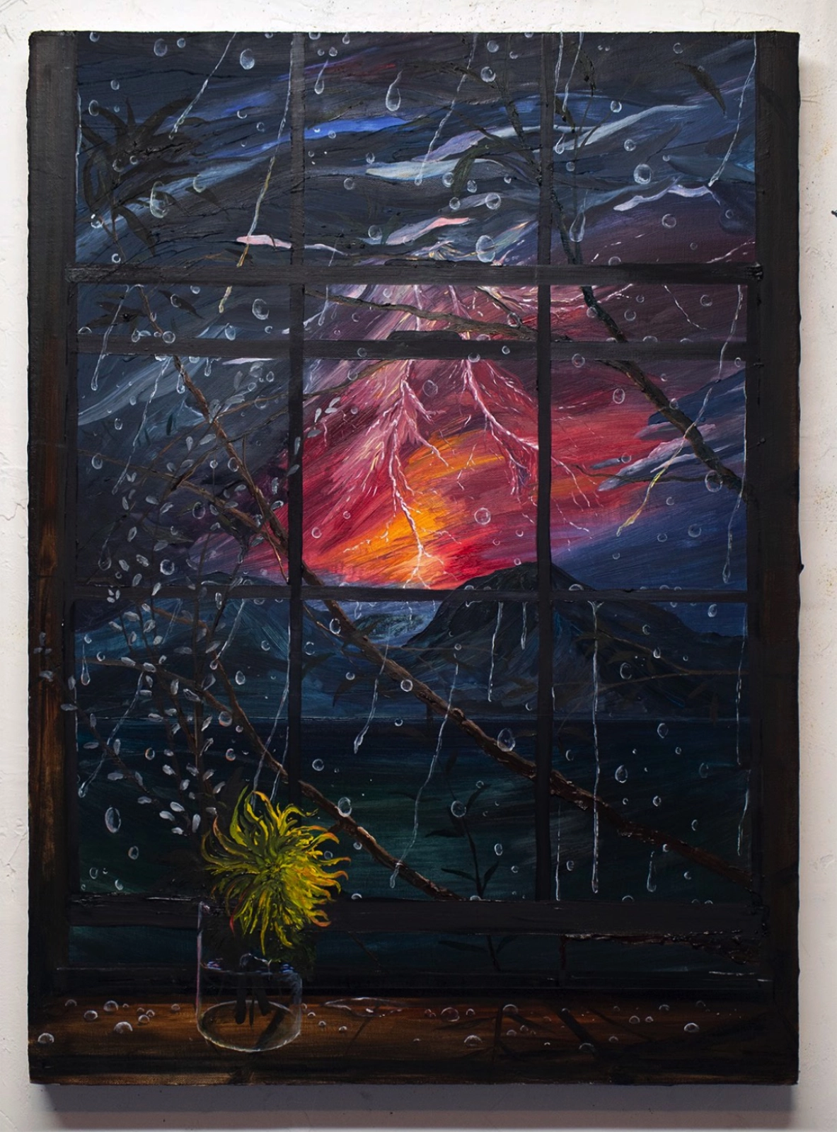 Morgan Mandalay’s Speeds of Change, a storm and volcano seen through a rain-covered window
