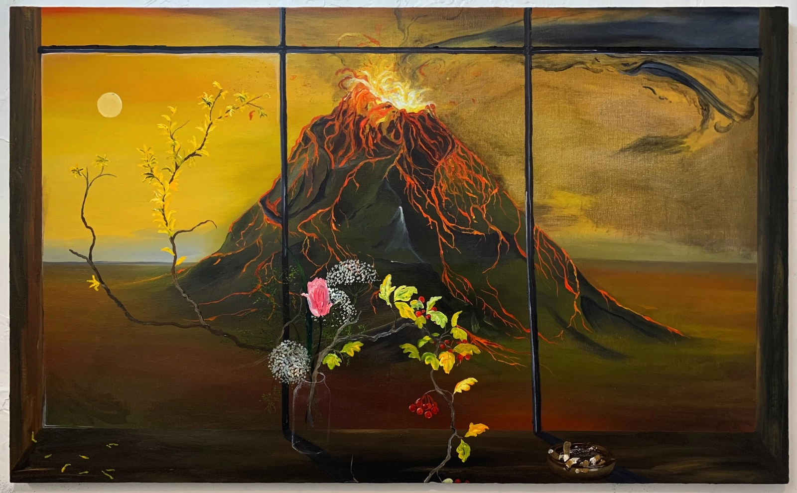 Morgan Mandalay’s Cracked Under Pressure, a volcano and flowers framed by a window