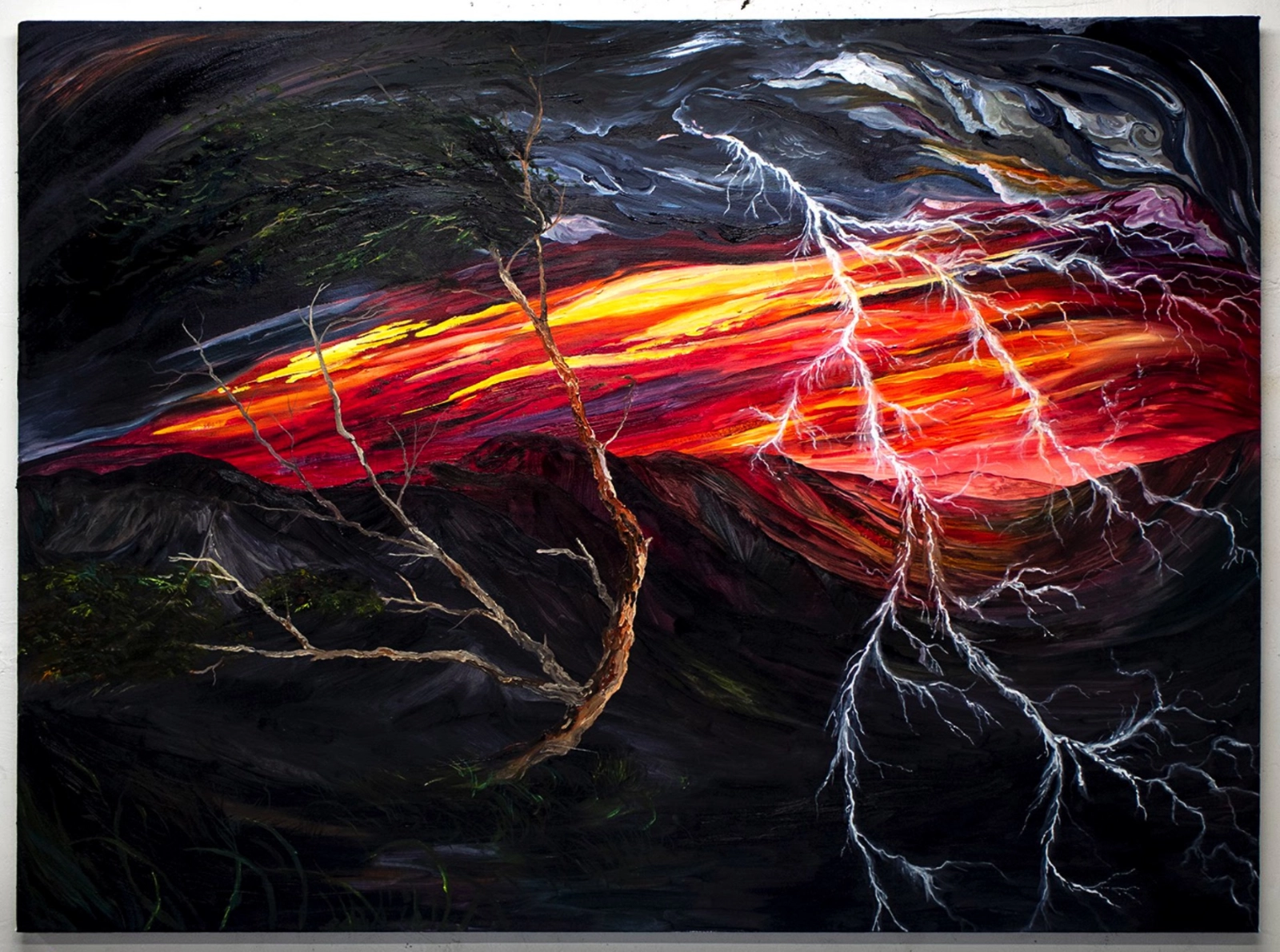 Morgan Mandalay’s Near Hit (There but by the grace of God), lightning over a red volcanic landscape