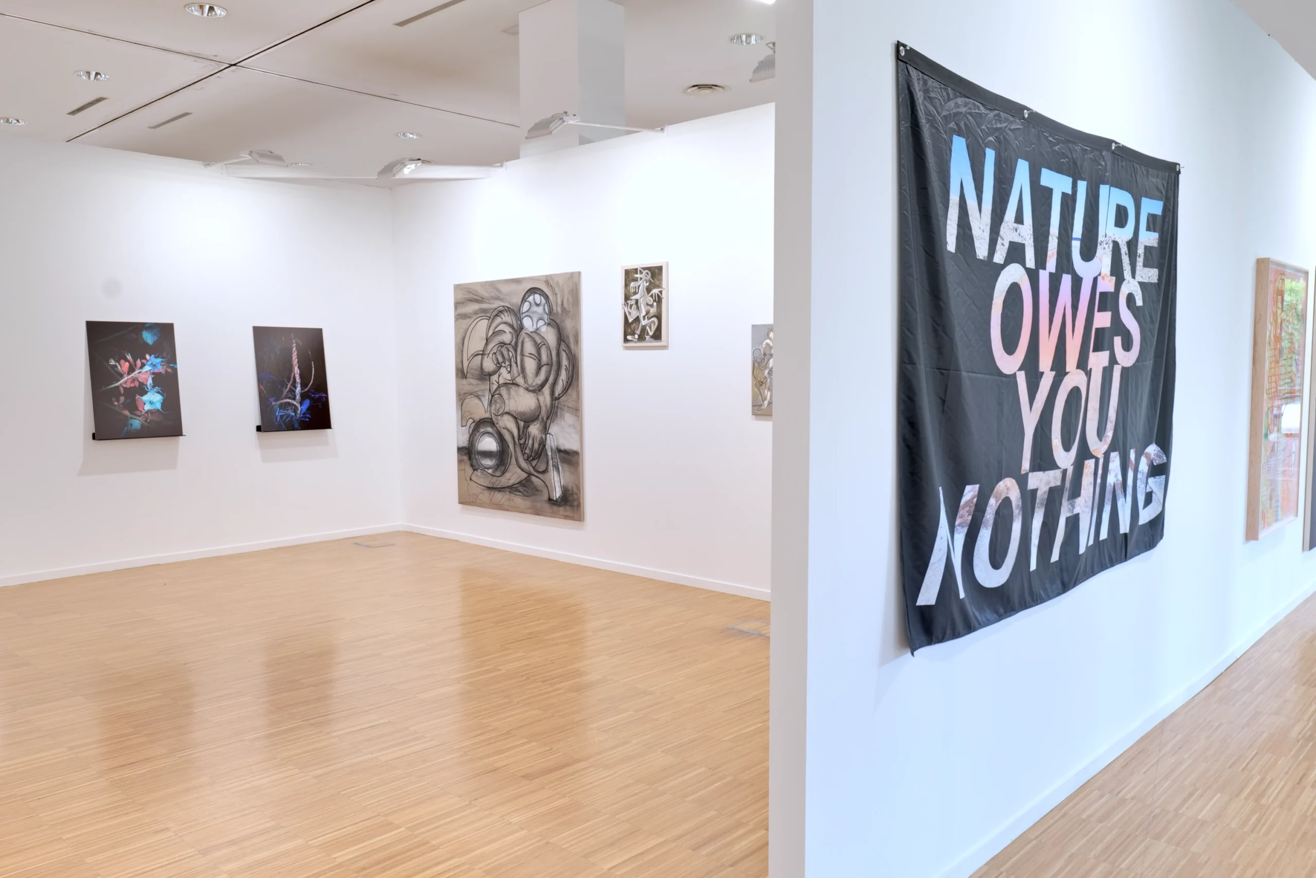 ArteSantander 2025 exhibition view with artworks and Rachel Libeskind’s Nature Owes You Nothing textile work