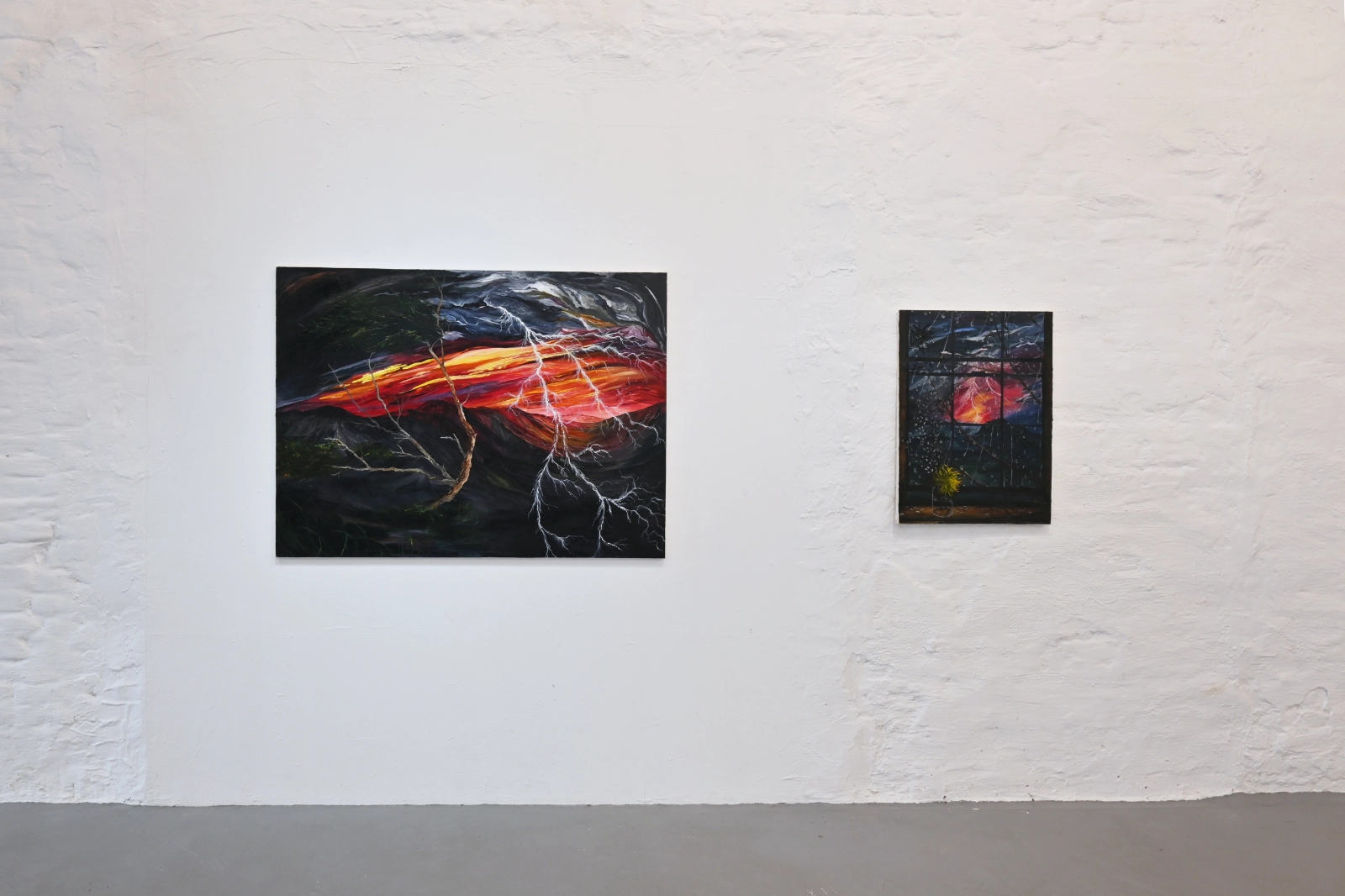 Two Morgan Mandalay paintings with lightning, volcanic light and flowers installed at wildpalms