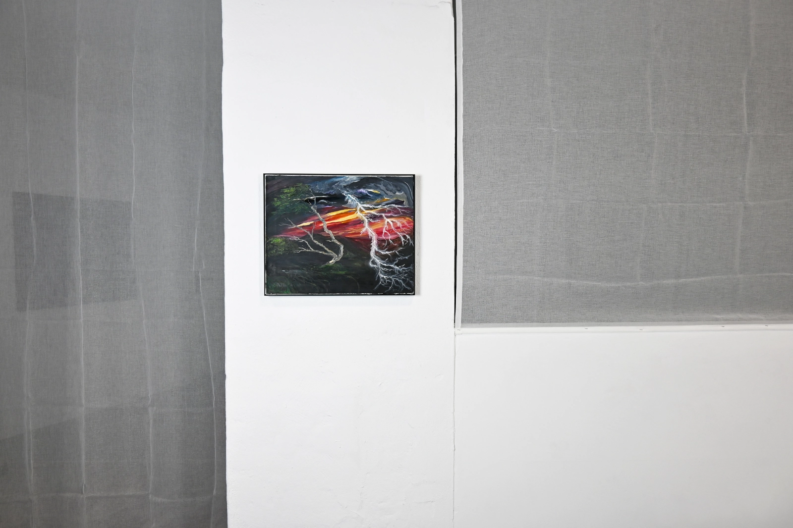 Morgan Mandalay lightning painting displayed between grey window screens at wildpalms