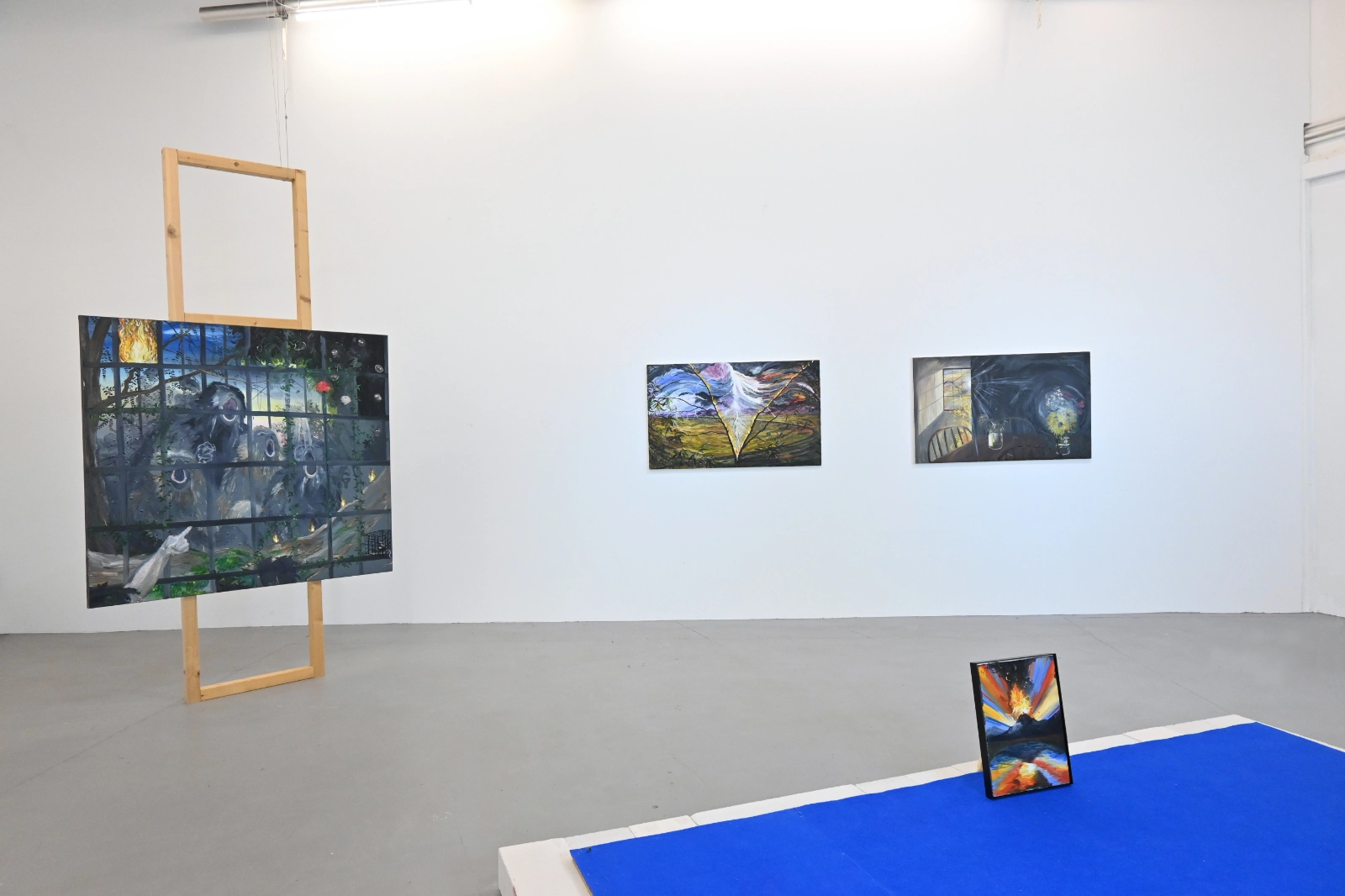 Morgan Mandalay paintings installed across the gallery in Eruption at Its Peak