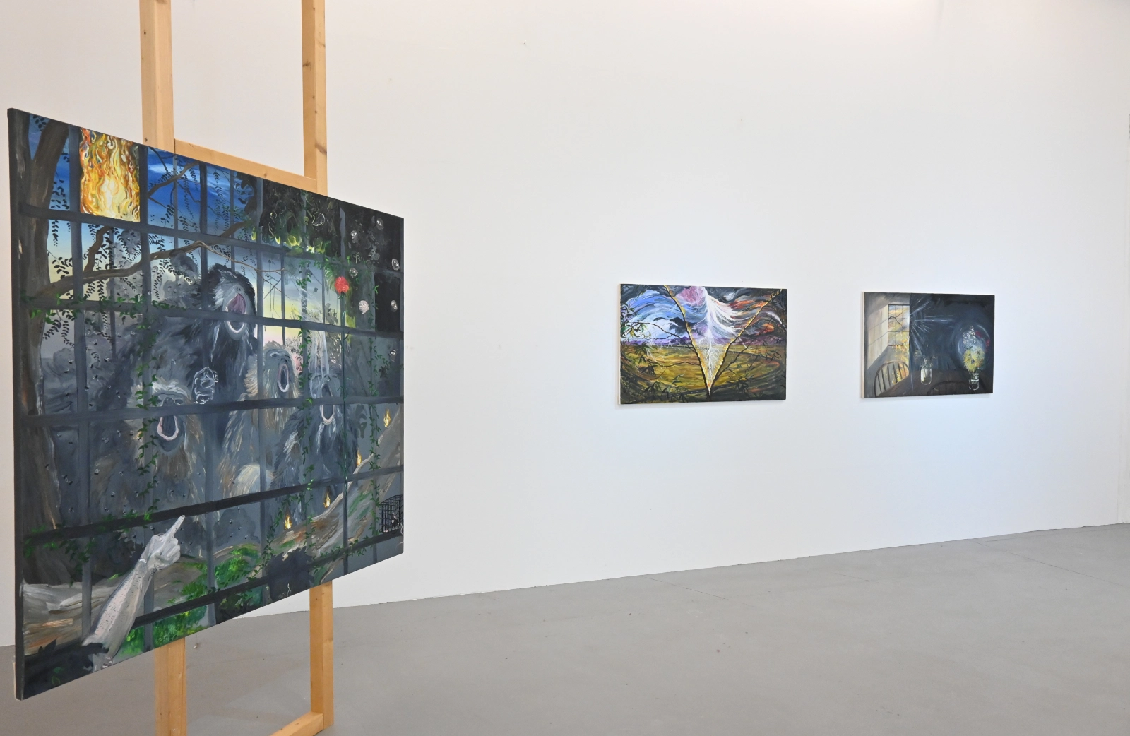 Close exhibition view of Morgan Mandalay paintings on wooden support and gallery wall