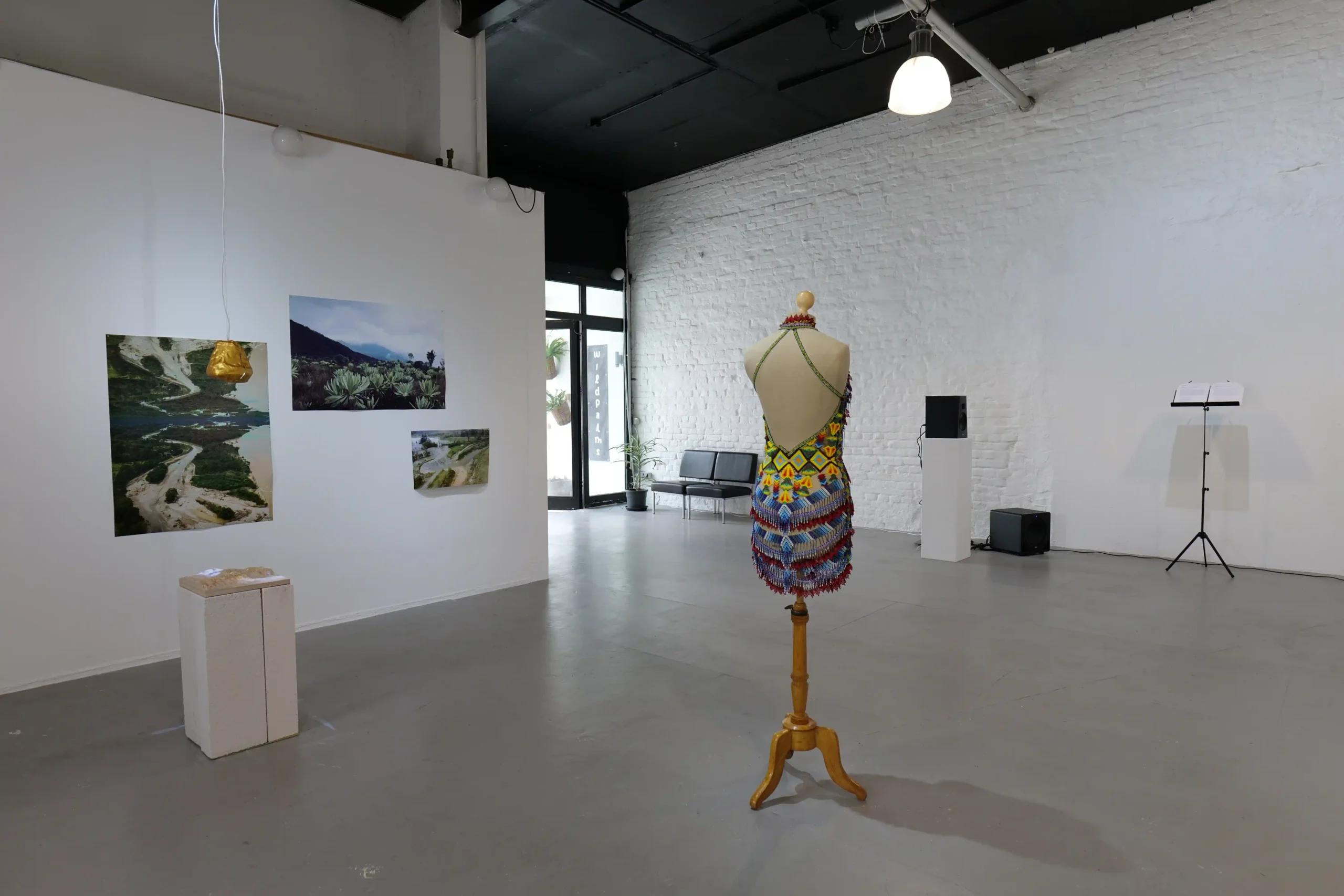 Exhibition view with landscape photographs, a beaded garment and sound installation