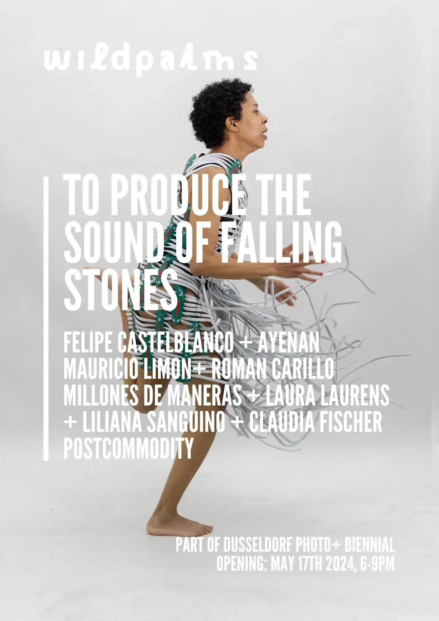 To Produce the Sound of Falling Stones exhibition poster featuring a performer in a sculptural garment