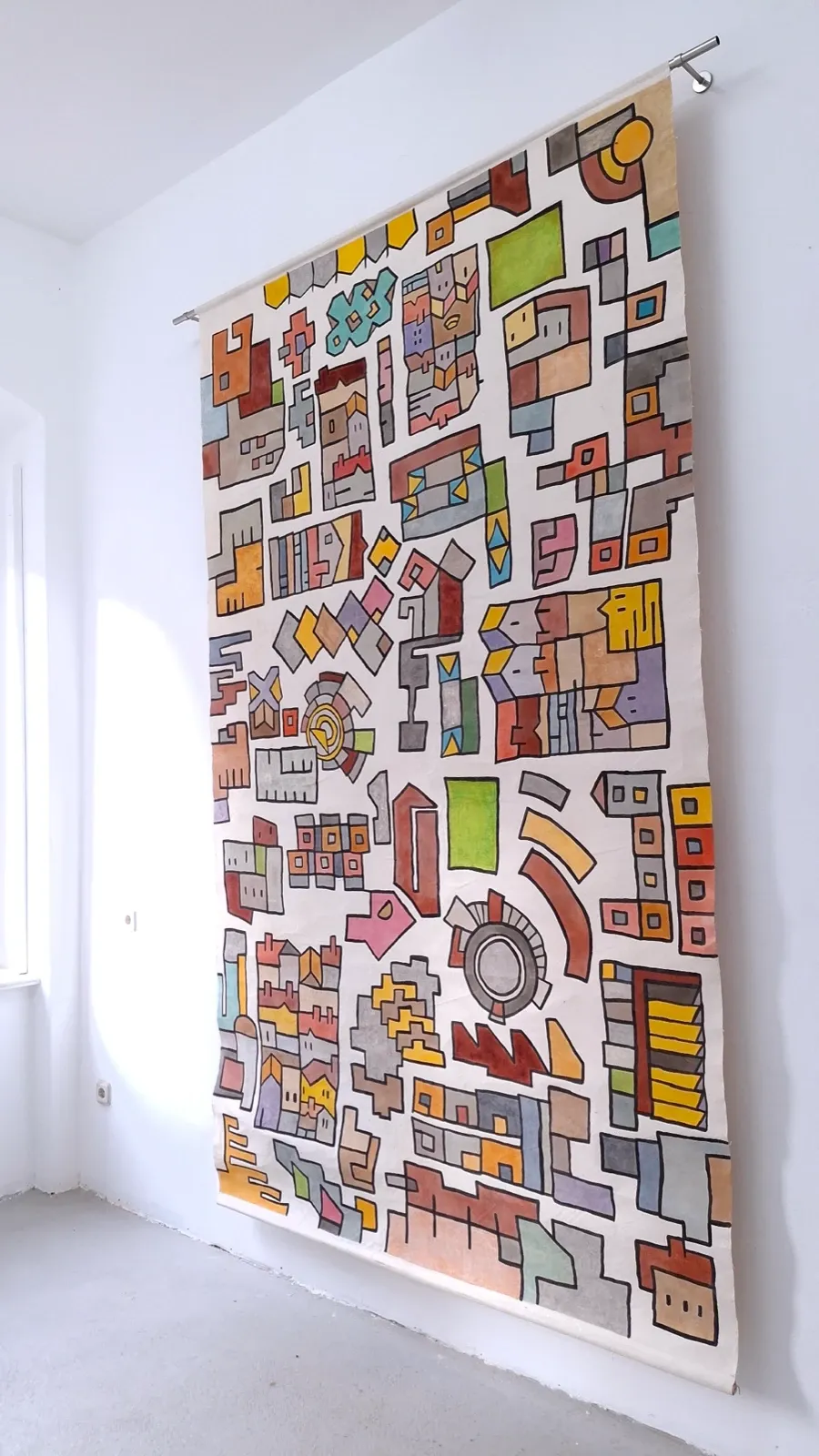 Mauricio Limón de León, hand-painted hanging canvas. Installation view from Practices of Moving, curated by Alexandra Meffert and Jorge Sanguino.
