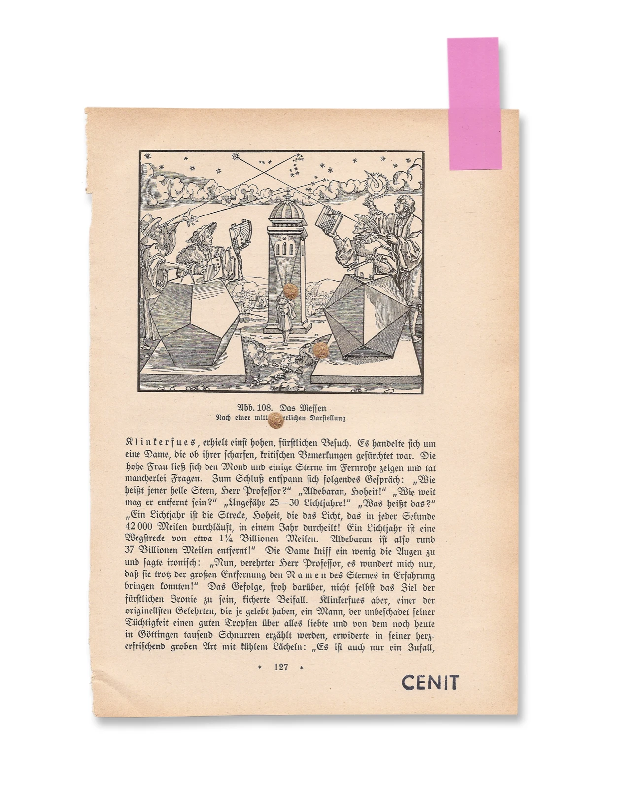 Mario Asef, Cenit, página encontrada de un libro con un grabado de astrónomos midiendo el cielo, sellada con «CENIT»