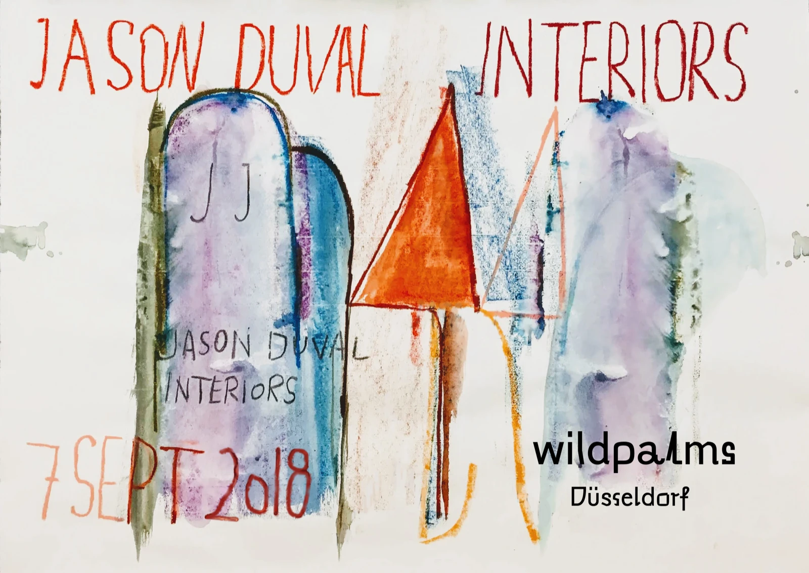 Hand-painted flyer for Jason Duval Interiors at wildpalms Düsseldorf, 7 September 2018, with watercolor illustrations of arched forms and a red triangle.