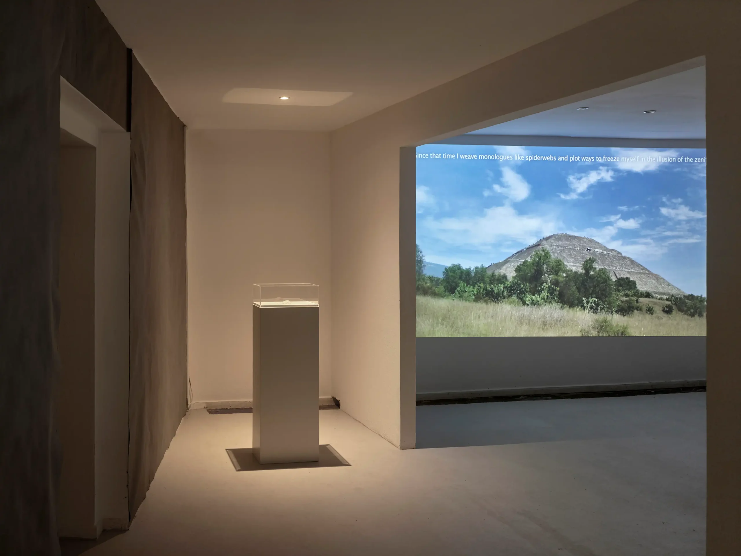 Mario Asef, Cenit, fotograma del vídeo proyectado en wildpalms Düsseldorf mostrando la Pirámide del Sol en Teotihuacán con subtítulos, junto a una vitrina