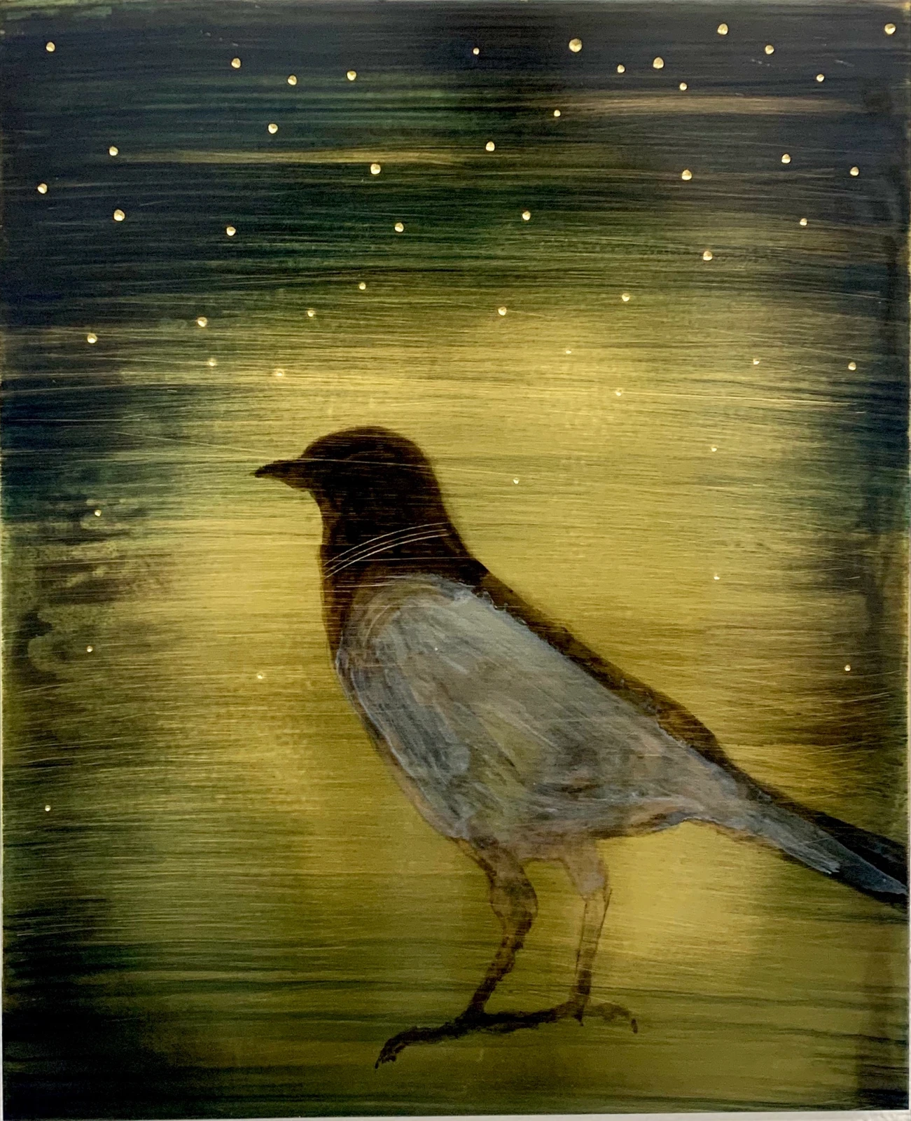 Robert Elfgen bird painting on a gold ground, Passage exhibition at wildpalms Düsseldorf, curated by Jorge Sanguino
