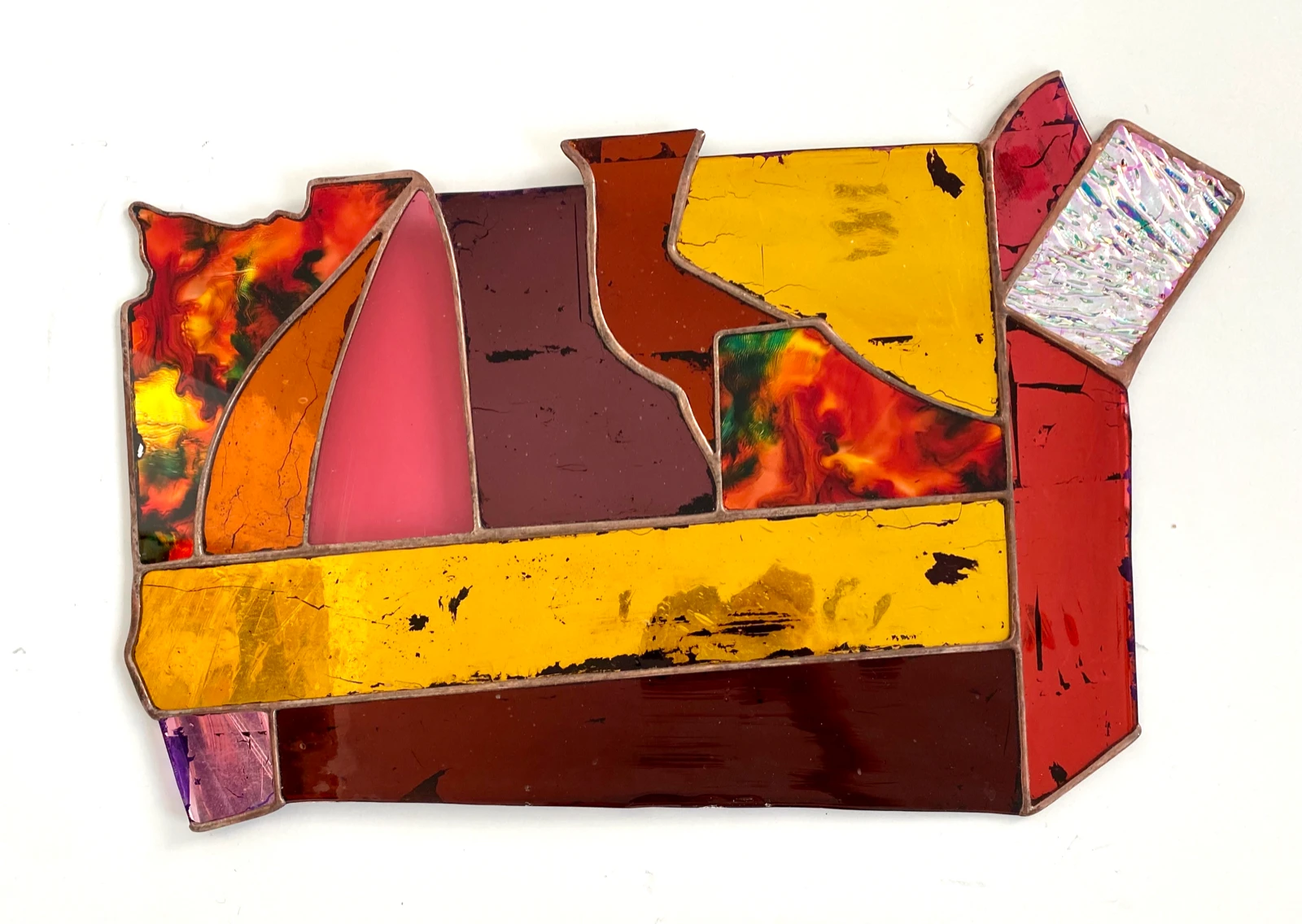 Paul Hance stained glass wall work in red and orange tones, Passage exhibition at wildpalms Düsseldorf, curated by Jorge Sanguino
