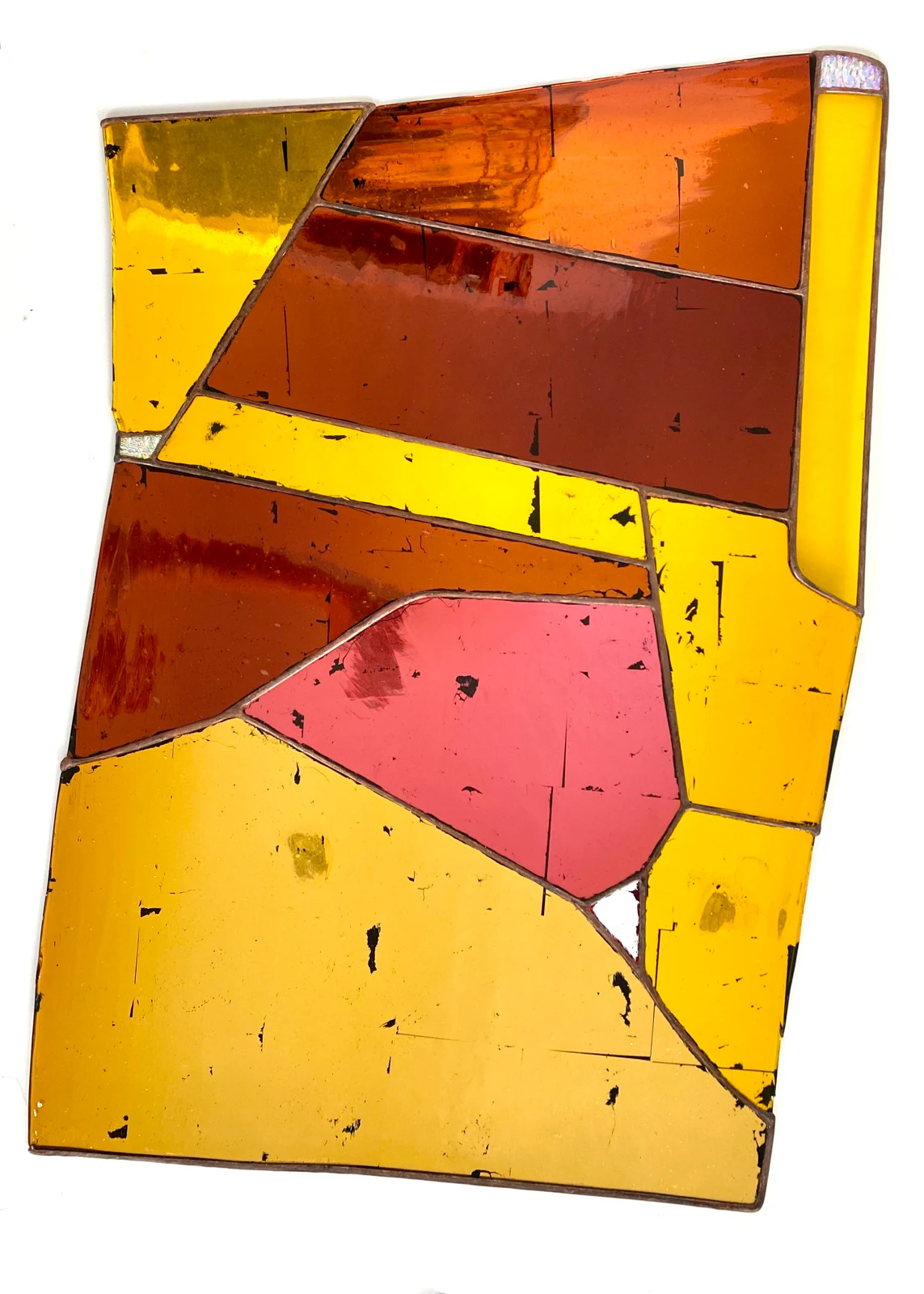 Paul Hance stained glass wall work in yellow and pink tones, Passage exhibition at wildpalms Düsseldorf, curated by Jorge Sanguino