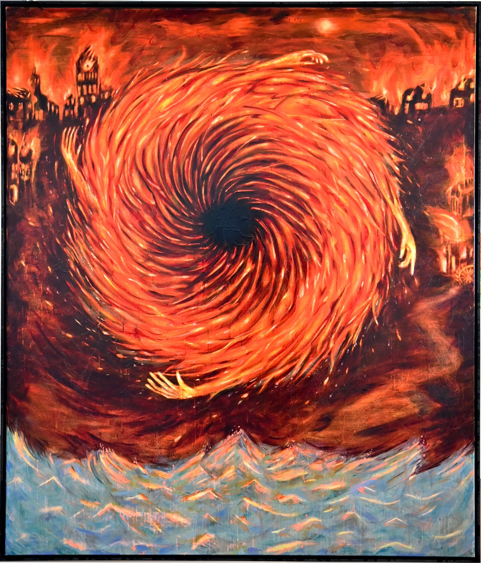 A fire vortex swirling above ocean waves with a skeletal hand reaching up into the flames, painting from Nika Fontaine’s Calcination series