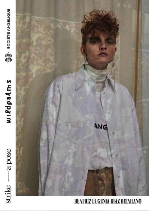 Flyer for Société Angelique: strike—a pose, featuring Beatriz Eugenia Diaz Bejarano wearing a printed oversized shirt in front of a floral curtain