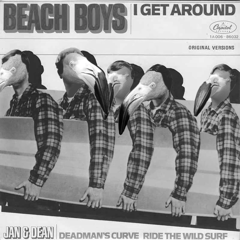 AHOY! exhibition flyer: black-and-white collage on a Beach Boys “I Get Around” single sleeve, with bird heads pasted over the band members’ faces